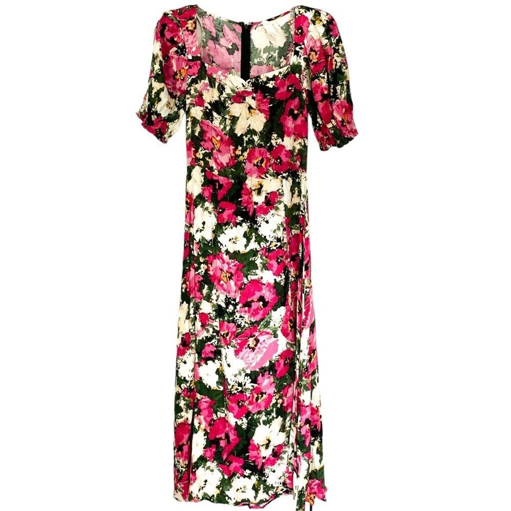 H&M Pink Green Floral Puff Sleeve Sweetheart Slit Midi Dress Size XXS